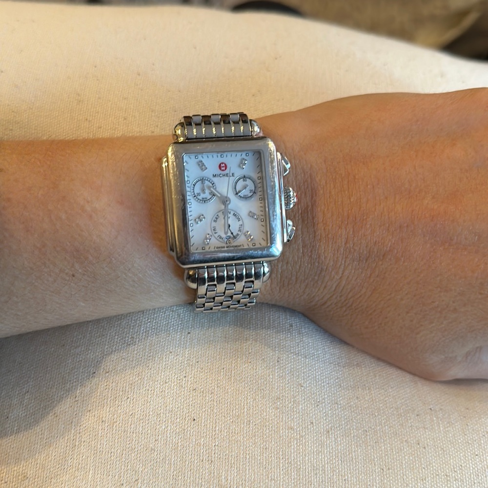 Michele diamond deco Watch with stainless band. Retail $1295